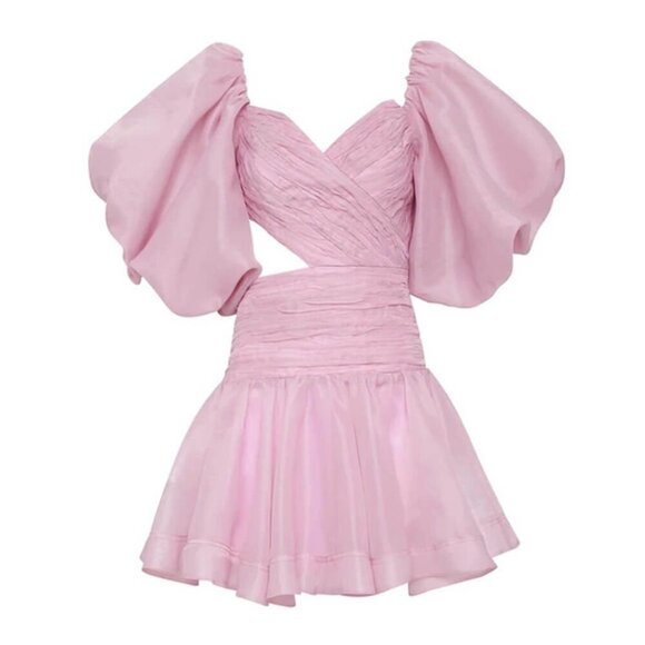 TWOTWINSTYLE V-Neck Ruched Cut Out Mini Puff Sleeve Dress Size Small Pink - Picture 1 of 8